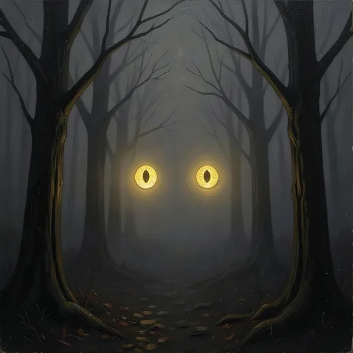 Pair of glowing yellow eyes between dark trees in thick fog