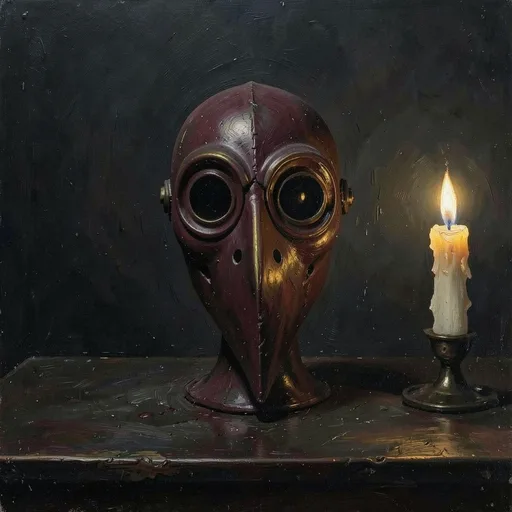 Dark painted portrait of a plague doctor mask with candle light