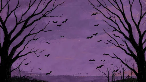 Purple night sky backdrop with bare black branches and a flock of bats