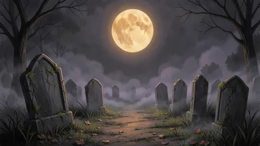 Graveyard backdrop with crooked tombstones under a full moon and low fog