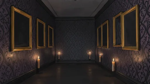 Dark hallway backdrop with patterned walls lined with empty gold portrait frames and candles