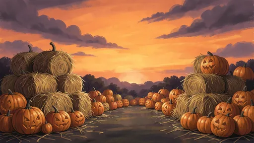 Pumpkin patch backdrop with stacked hay bales and an orange sunset sky