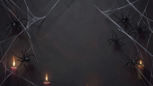 Charcoal wall backdrop draped with white cobwebs and a few hanging spiders