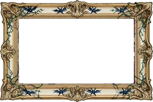 Ornate gold antique portrait frame with an empty center and small bats on the corners