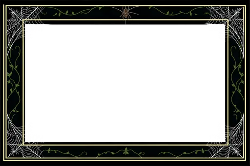 Black rectangular photo booth frame with white spiderwebs in the corners and a dangling spider