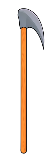 Cartoon scythe prop with a gray curved blade and a wooden handle