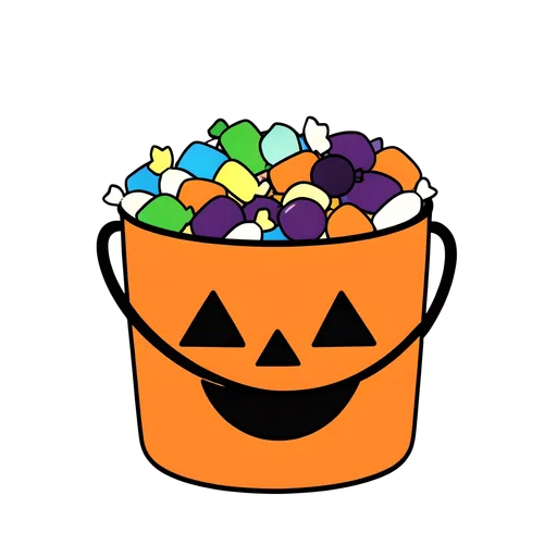 Orange pumpkin candy bucket prop overflowing with wrapped sweets