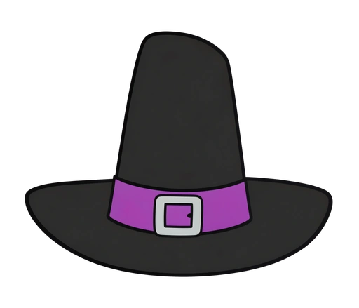Tall black witch hat prop with a purple band and a silver buckle
