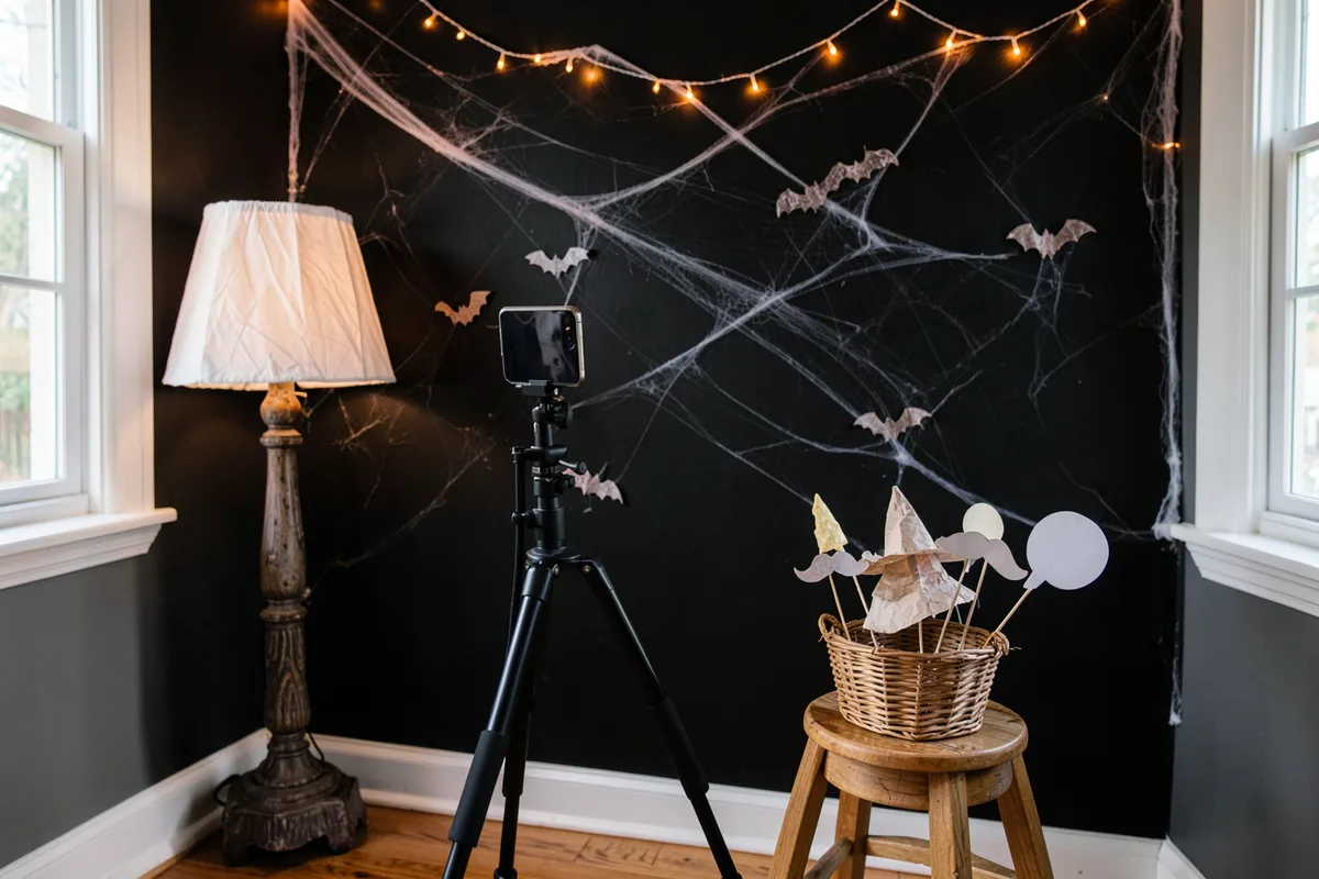Home Halloween photo booth with a cobweb backdrop, a lamp and a phone on a tripod