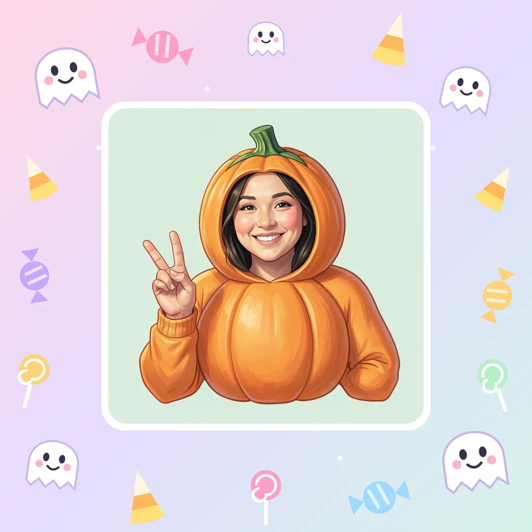 Cute pastel Halloween picture frame with smiling ghosts and candy around a costume photo