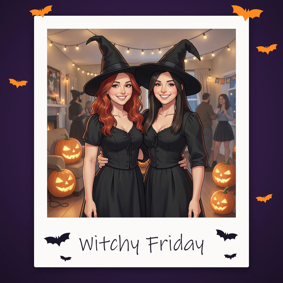 The same friends in a white Halloween Polaroid frame with bats and the caption Witchy Friday