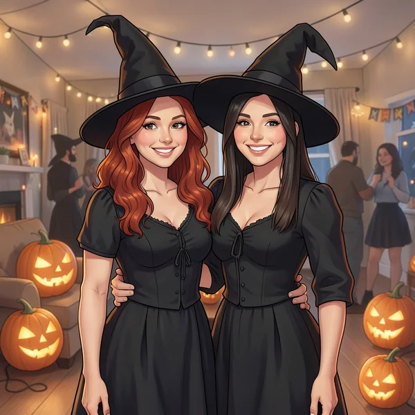 Two friends in witch costumes at a Halloween party, no frame yet