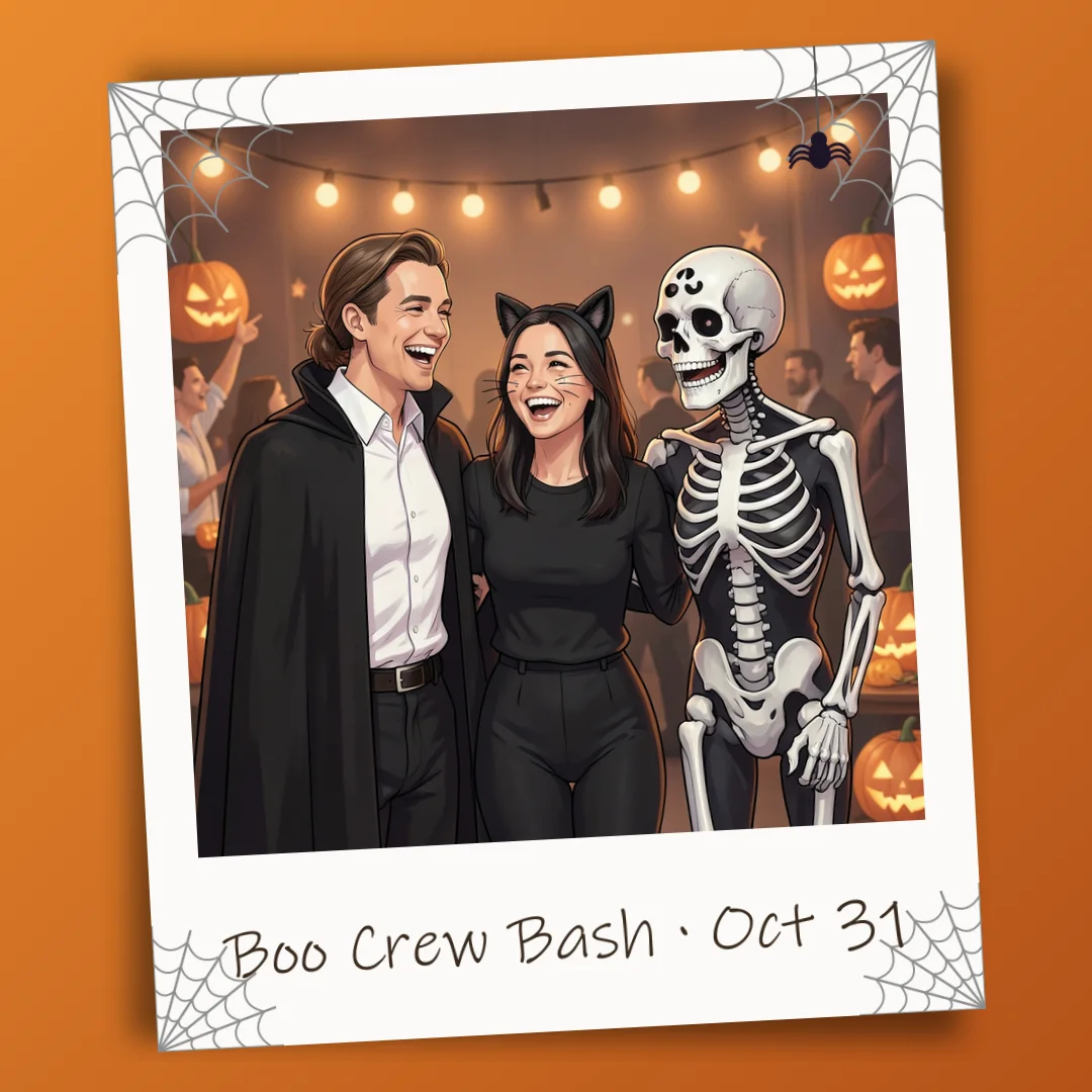 Friends in vampire, cat and skeleton costumes in a white photo frame with cobwebs and hanging pumpkins