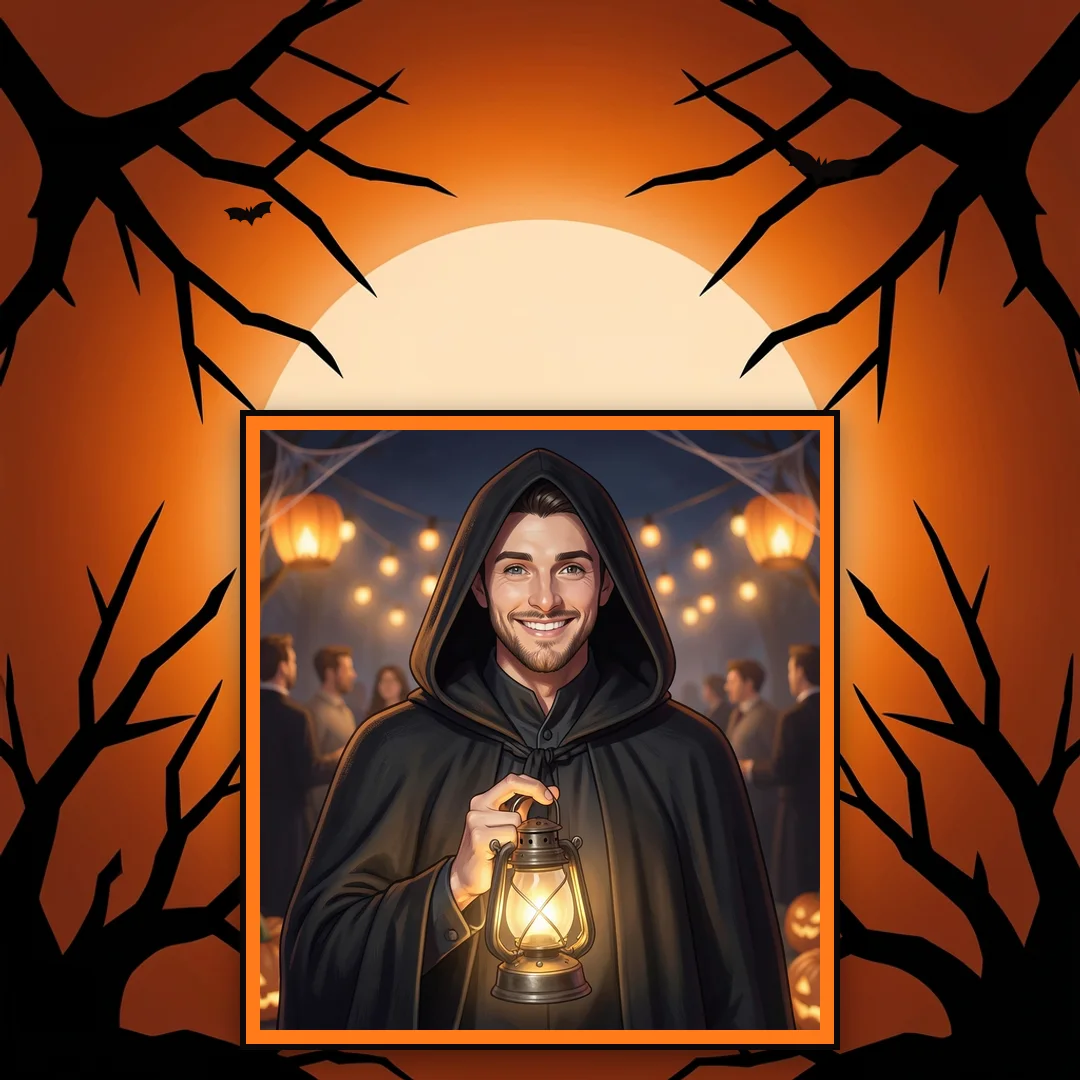 Spooky black and orange photo border with a full moon and bare branches