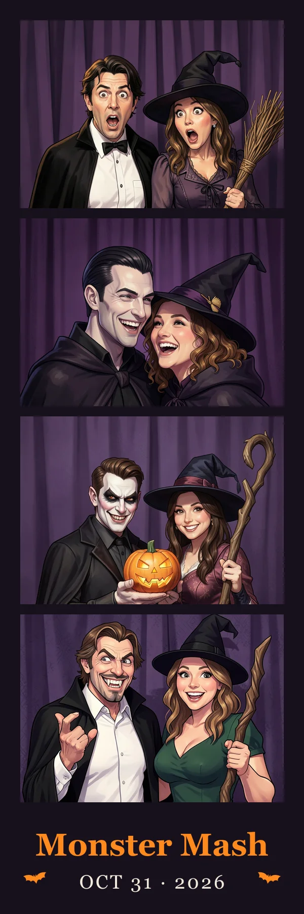 Four-photo Halloween photo strip with the party name and date along the bottom