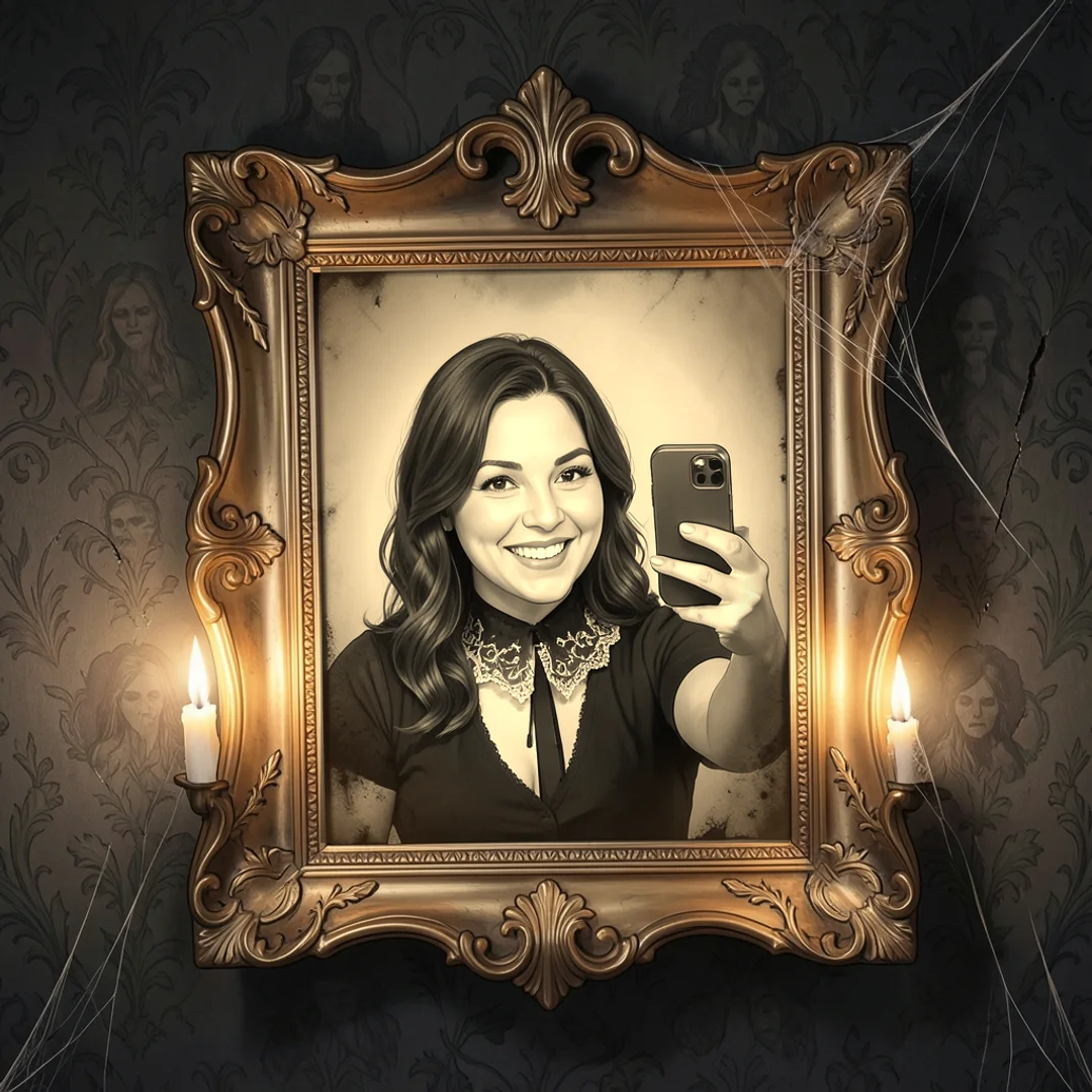 Selfie inside an ornate gold haunted portrait frame with warm sepia edges