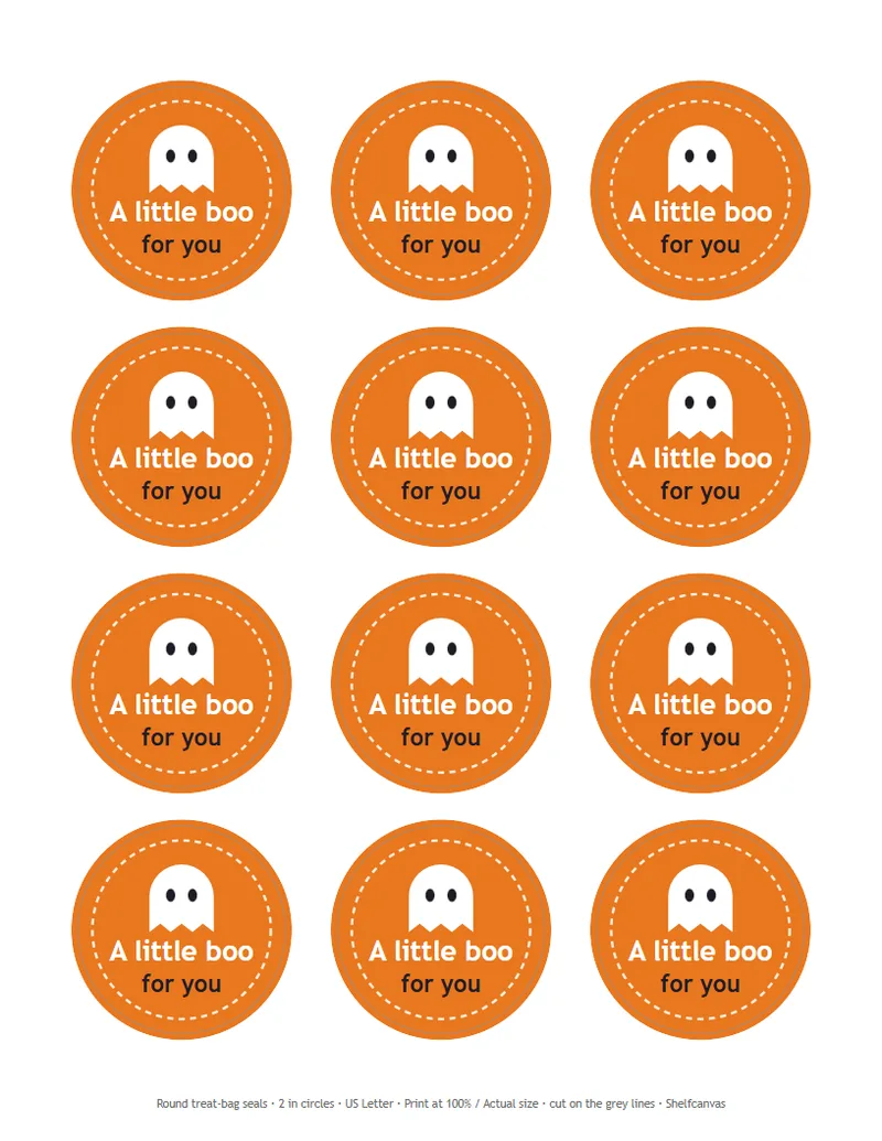 12 orange round Halloween stickers on one sheet, a ghost saying A little boo for you