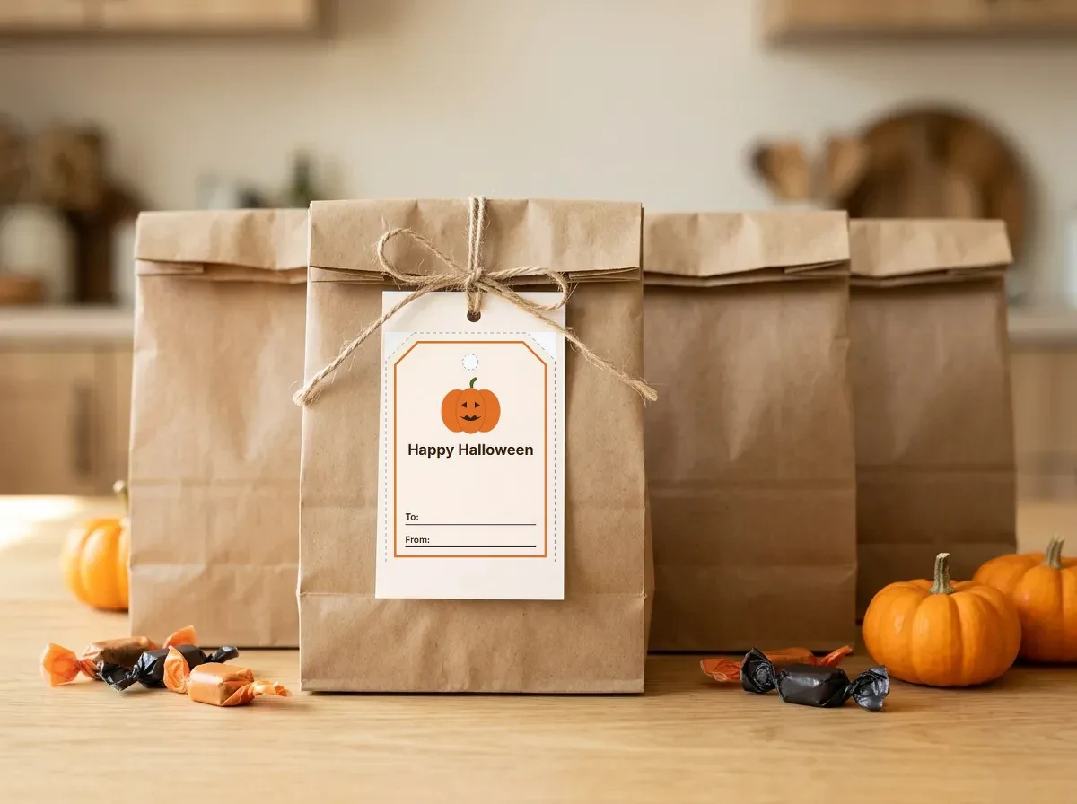 Pumpkin patch gift tags printed and tied with twine to a kraft paper treat bag
