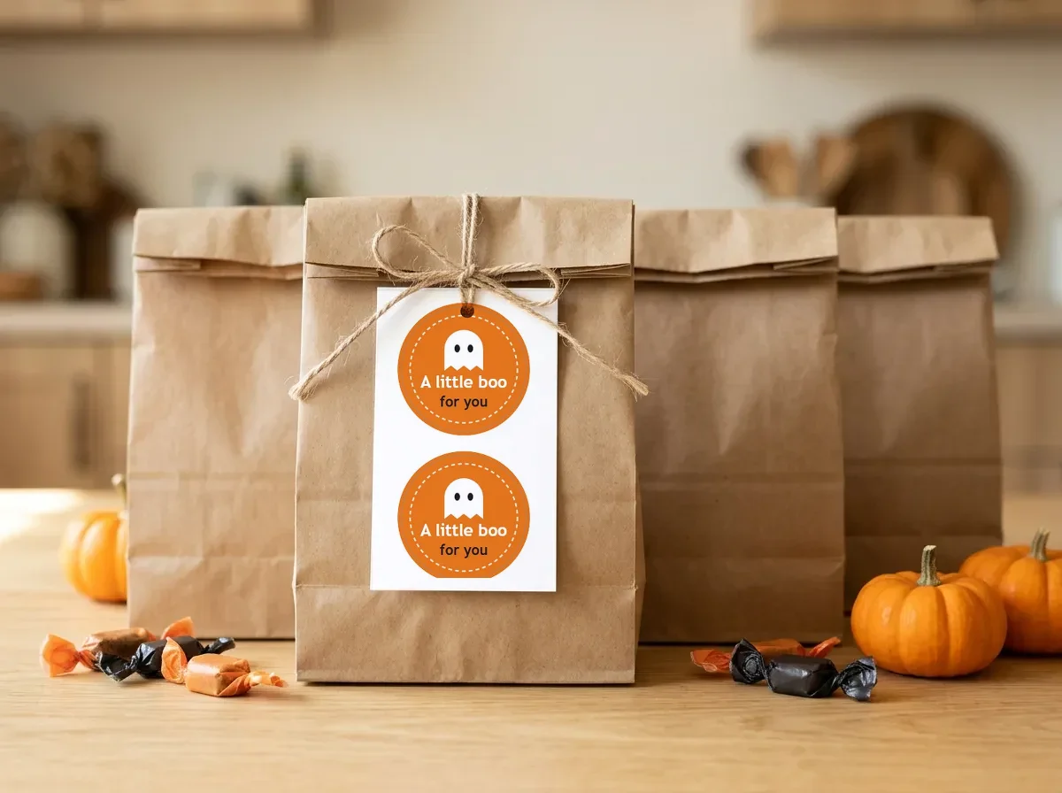 Round treat-bag seals printed and stuck on a kraft paper treat bag
