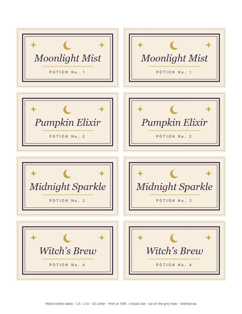 Sheet of 8 cream potion bottle labels: Moonlight Mist, Pumpkin Elixir, Midnight Sparkle, Witch's Brew