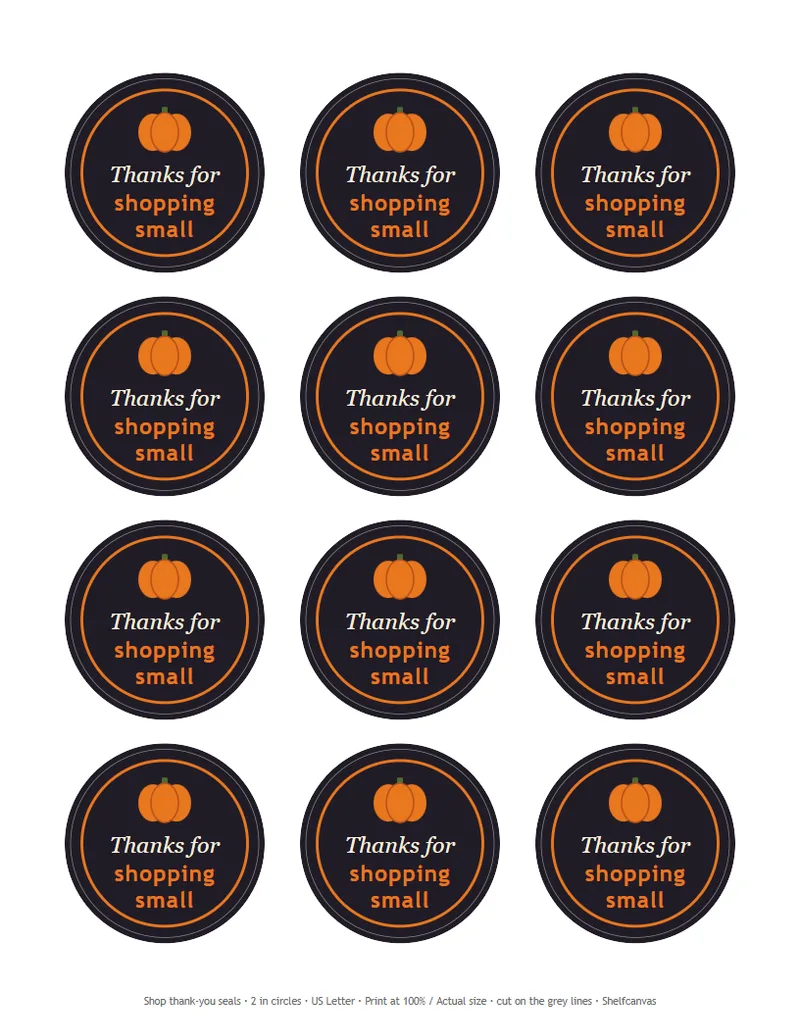 Sheet of 12 black round thank-you seals with a pumpkin and Thanks for shopping small