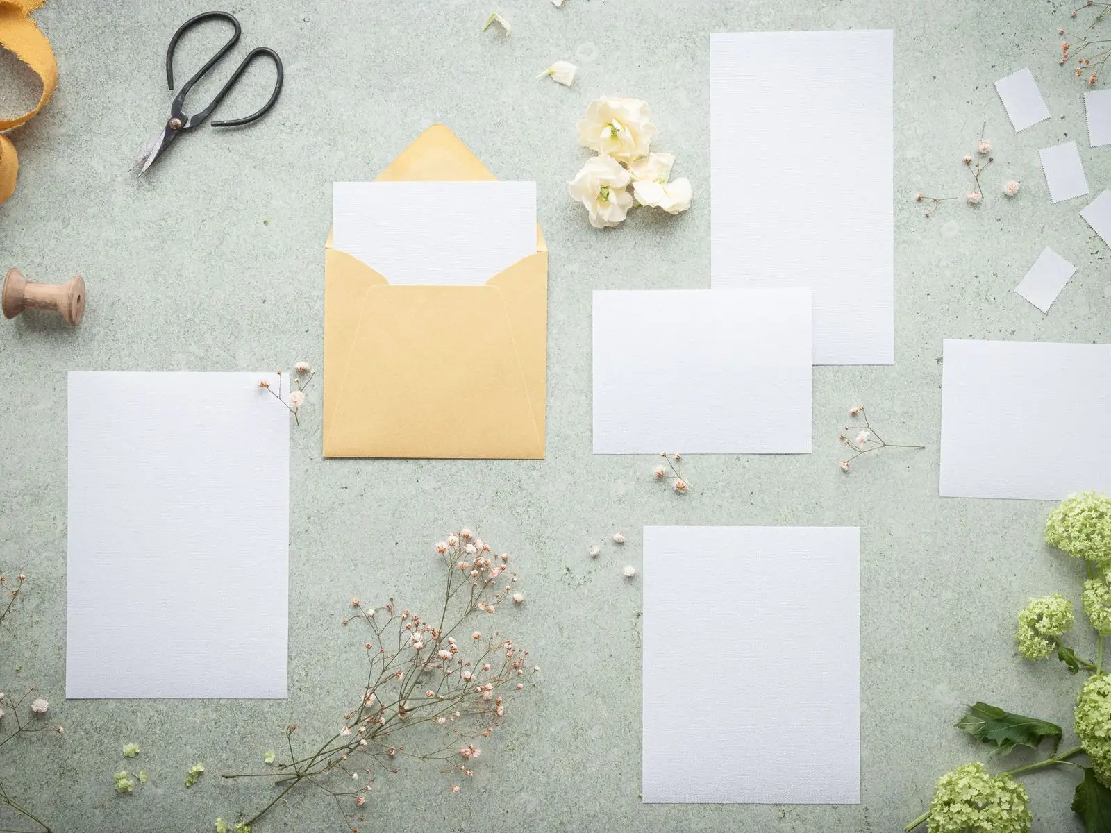 Blank thank you cards in several sizes beside an open envelope, scissors and dried flowers