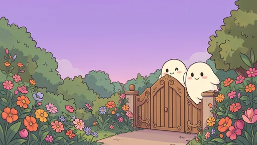 Friendly ghosts peeking around a garden gate beneath a wide lavender sky
