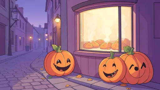 Smiling pumpkins beside a warmly lit bakery window on a quiet street