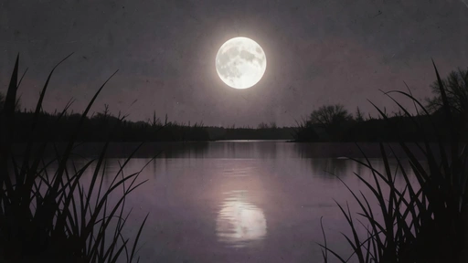 Silver moon above a still purple lake framed by dark reeds