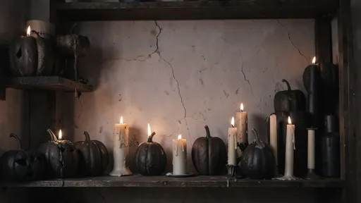Candles and dark pumpkins arranged on shelves around an open wall
