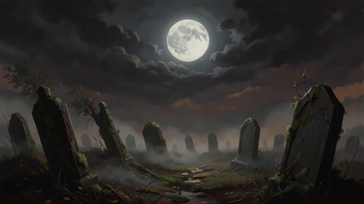 Low fog moving between crooked gravestones beneath a wide cloudy moon