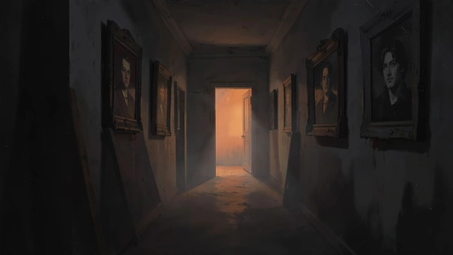 Dim hallway with leaning portraits and an open door glowing orange