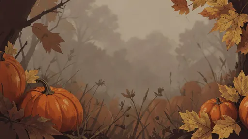 Orange pumpkins and golden leaves at the edges of a dusky meadow
