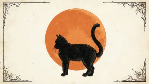 Vintage orange moon and black cat on a faded cream sky