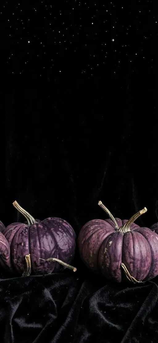 Deep purple pumpkins with gold stems along the bottom of black velvet