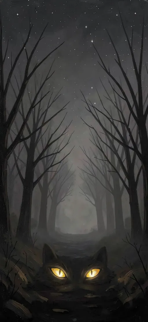 Glowing eyes between bare trees with low fog across a dark path