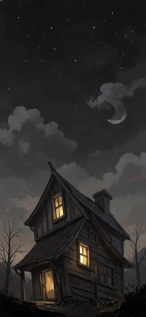 Crooked house with a glowing window below a clouded midnight sky