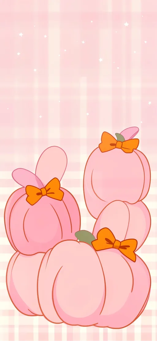 Pink pumpkins and orange bows on a pale pink gingham pattern