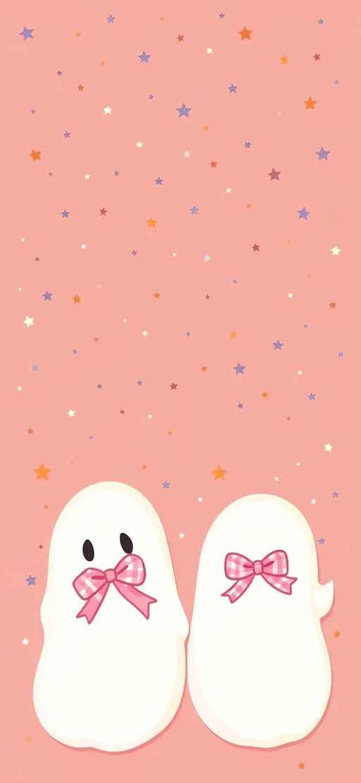 White ghosts wearing pink ribbons among tiny stars on blush pink