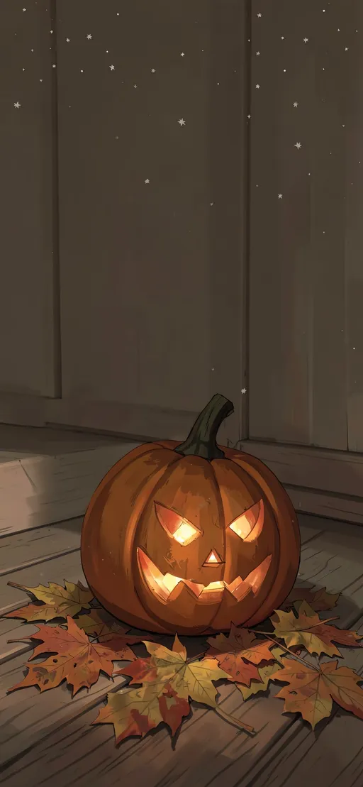 Pumpkin lantern beside fallen maple leaves on a warm wooden porch