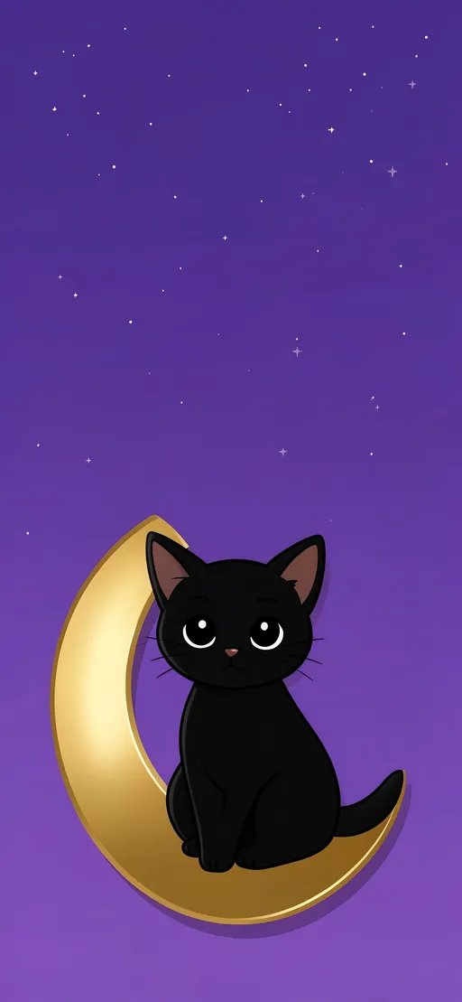 Black cat sitting on a gold crescent against an open purple sky