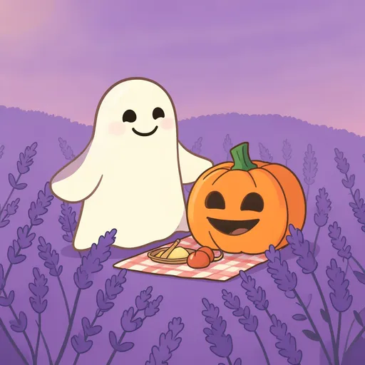 Friendly ghost sharing a picnic with a smiling pumpkin on lavender