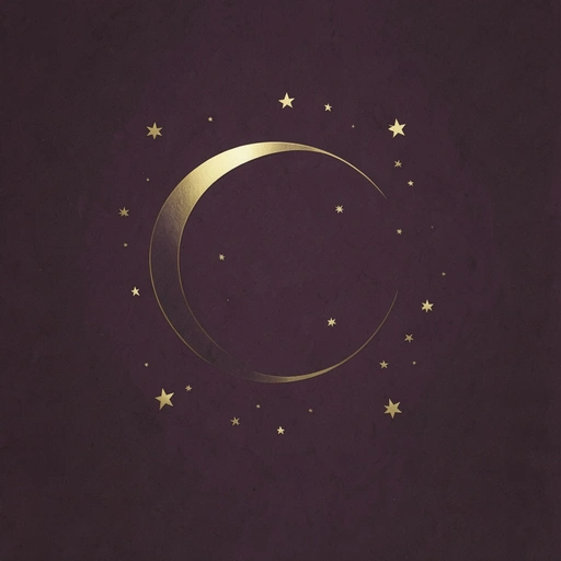 Thin gold crescent and scattered stars centered on a deep plum field