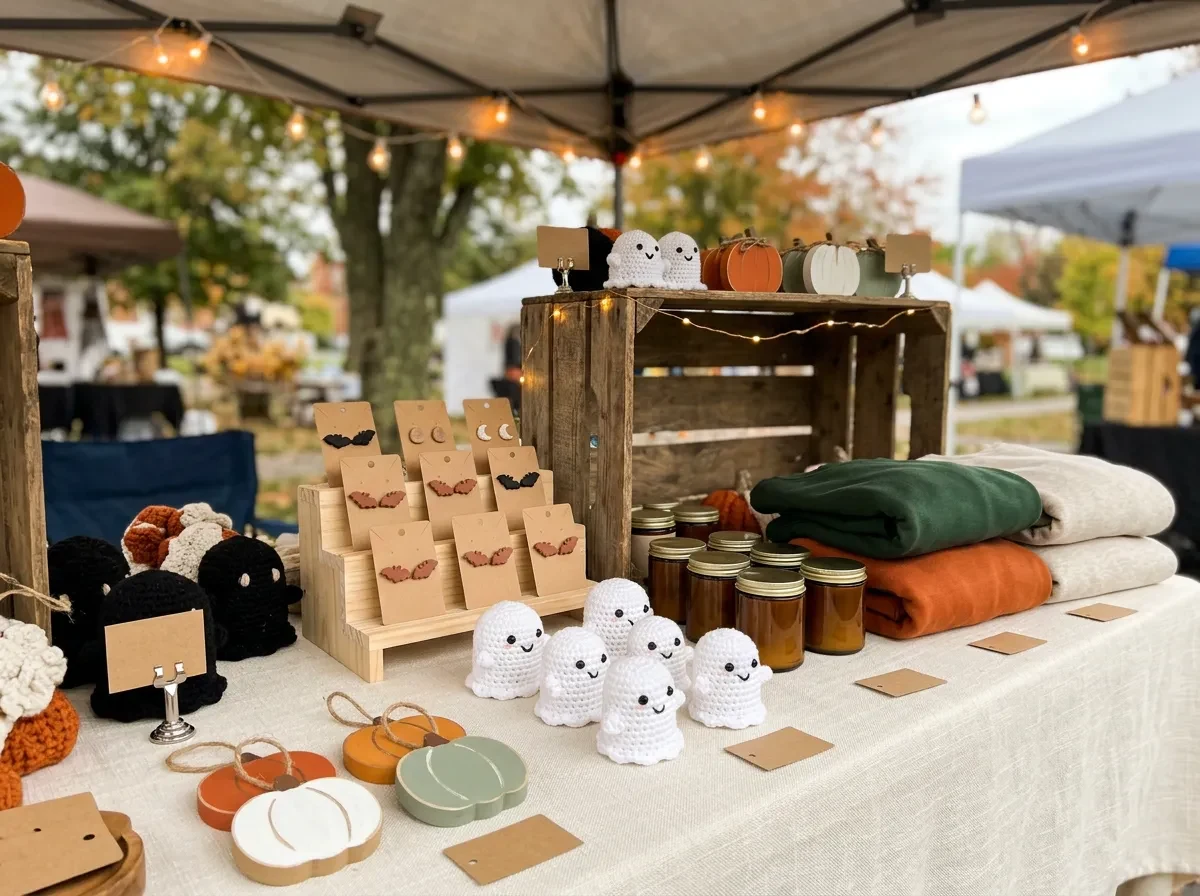 Craft-fair stall with crochet ghosts, pumpkin ornaments, bat earrings, candles and sweatshirts on a cream cloth
