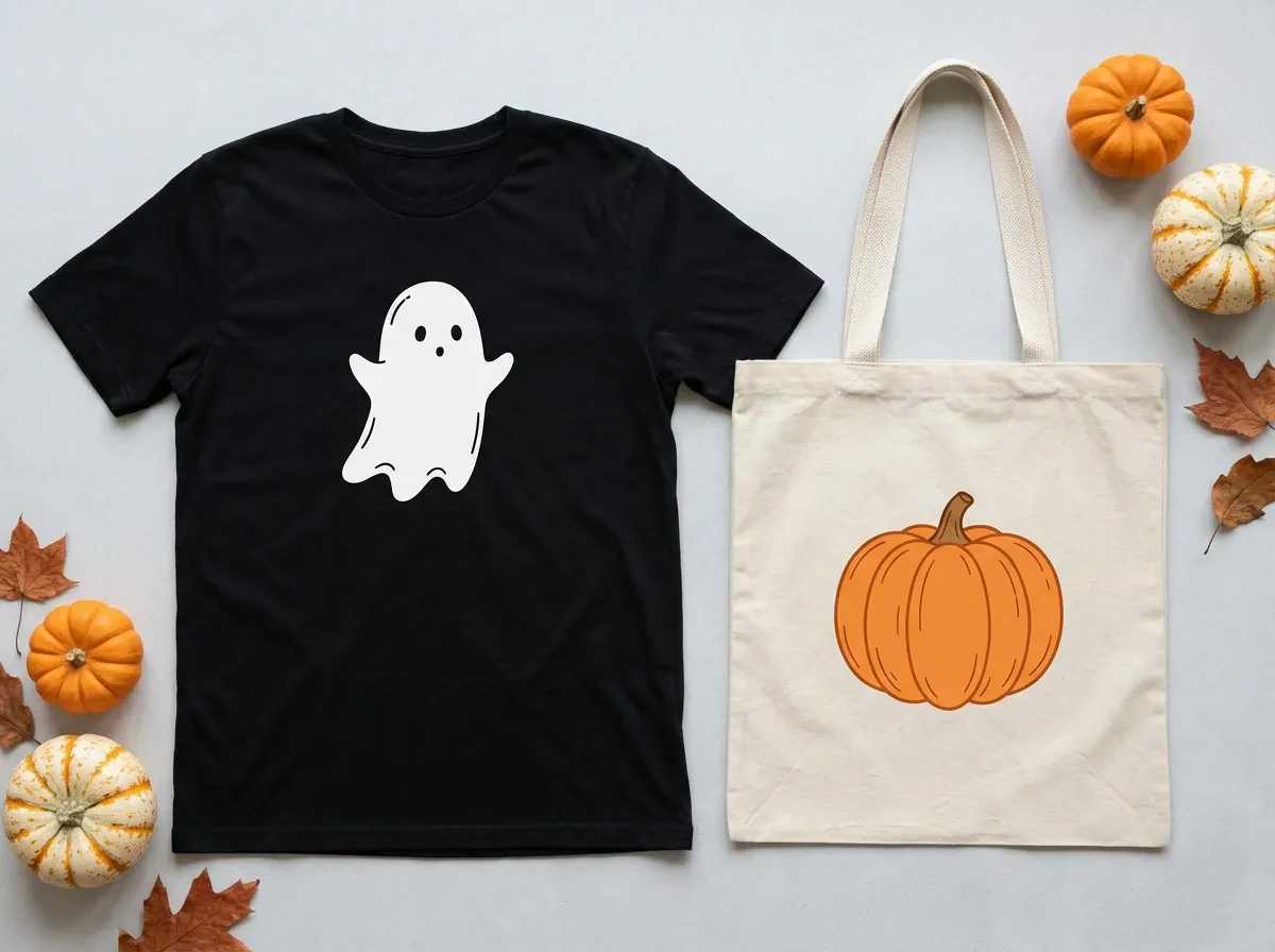 Black T-shirt with a white ghost print beside a canvas tote with an orange pumpkin print