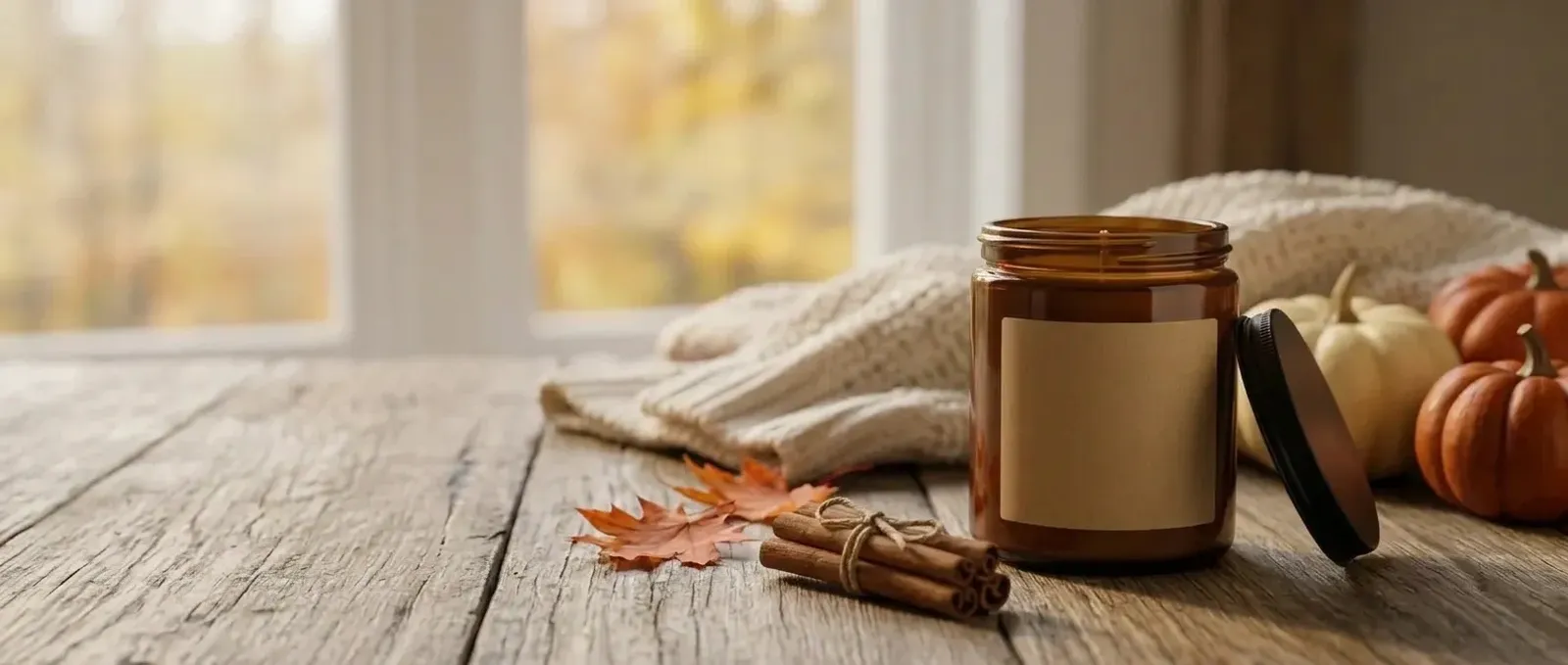 Halloween banner scene: amber candle jar on a wooden table with knit throw, open left side