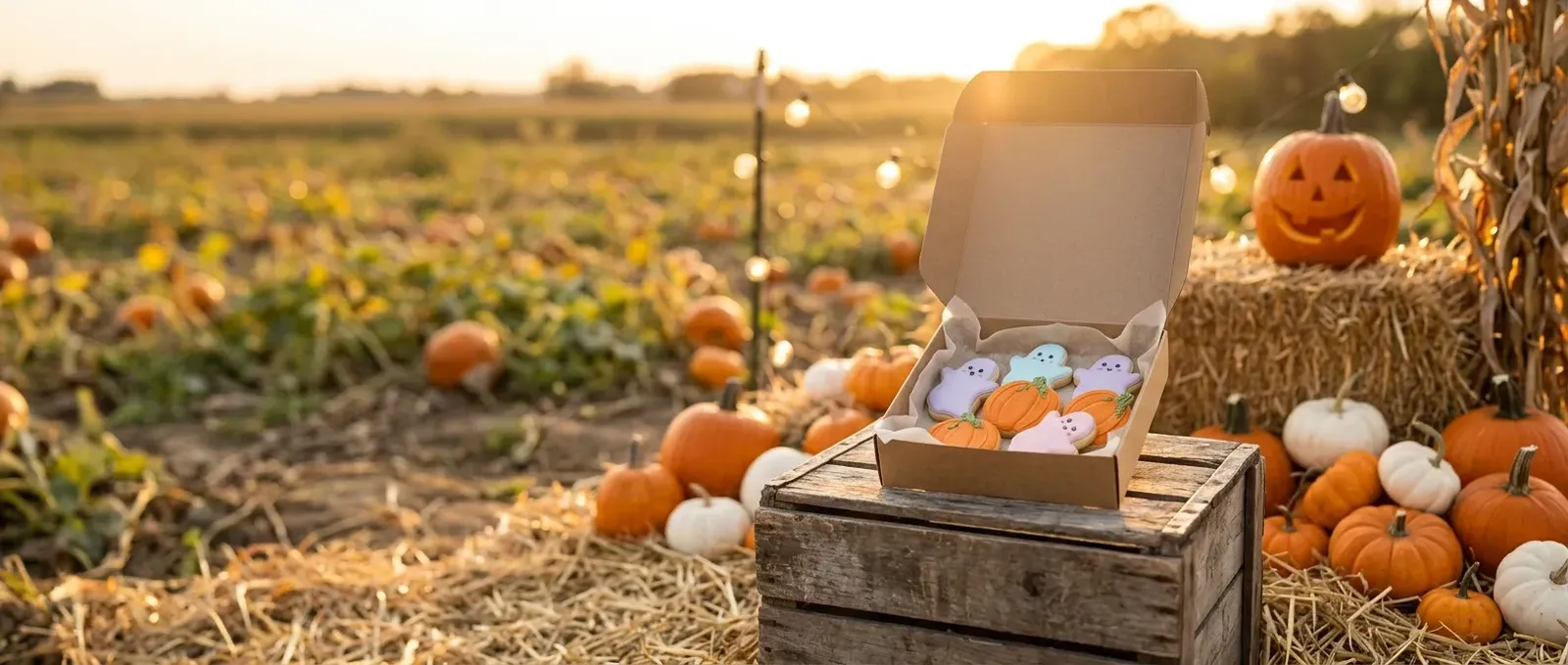Shop banner scene: ghost cookie box in a pumpkin patch at sunset, open field on left