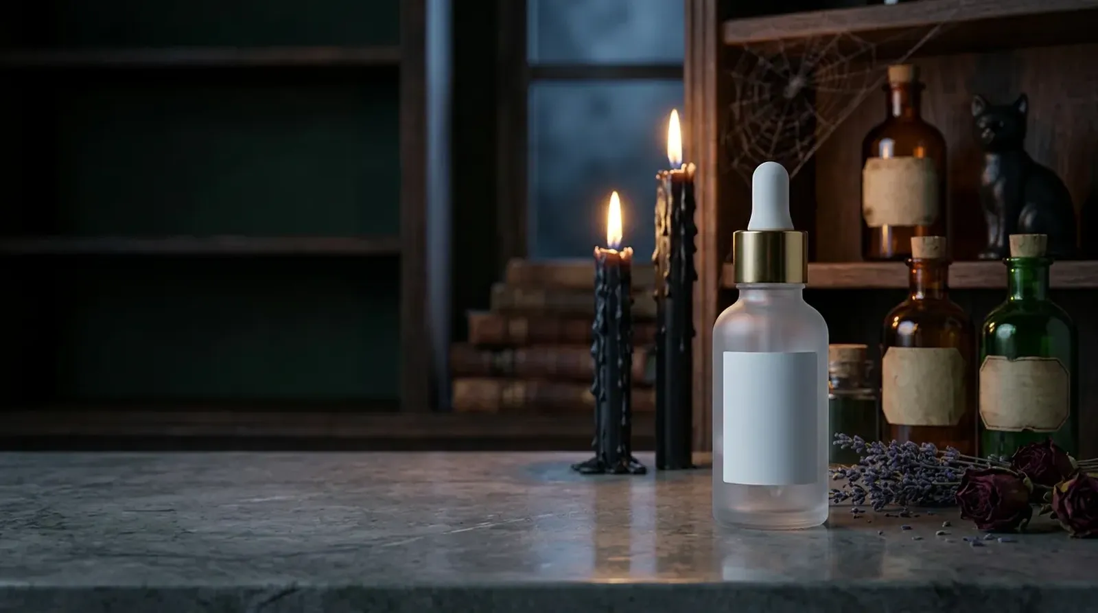 Frosted serum dropper bottle in a dark apothecary with black candles, open space on the left