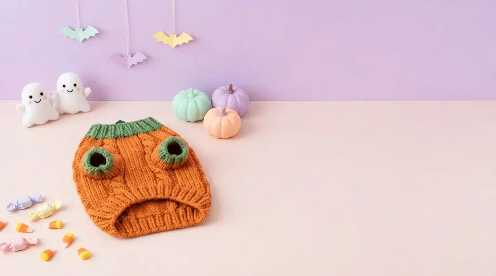 Orange knit pumpkin pet sweater on a lilac set with felt ghosts, open space at right