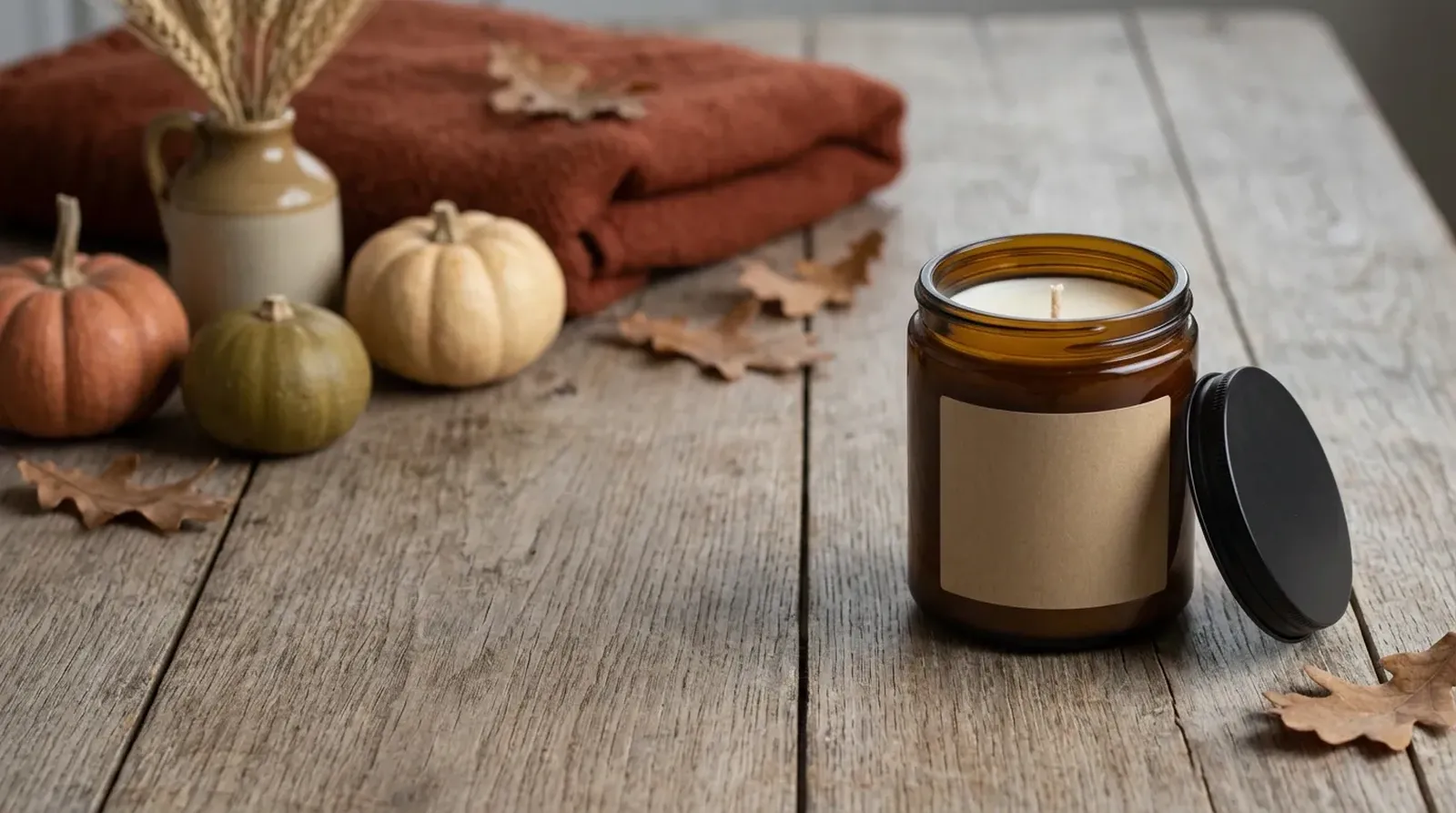 Autumn banner image: amber candle on a pale table with rust knit throw and oak leaves